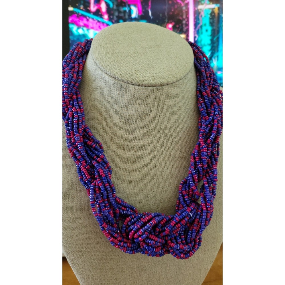 Vintage 1980s Blue Pink Heishi Bead Multistrand Necklace Chunky 18" 110g